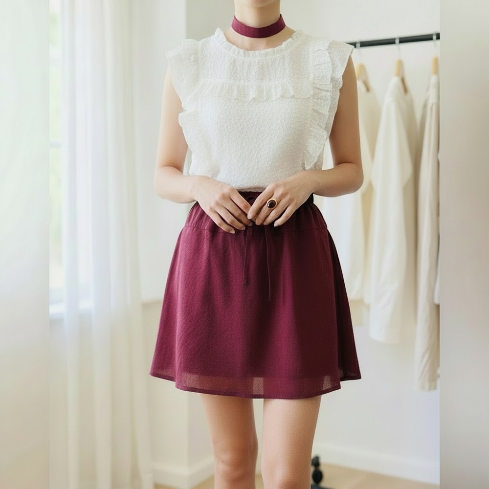 She + Sky Burgundy Satin Skirt with Drawstring Waist - Small, NWT, Never Worn